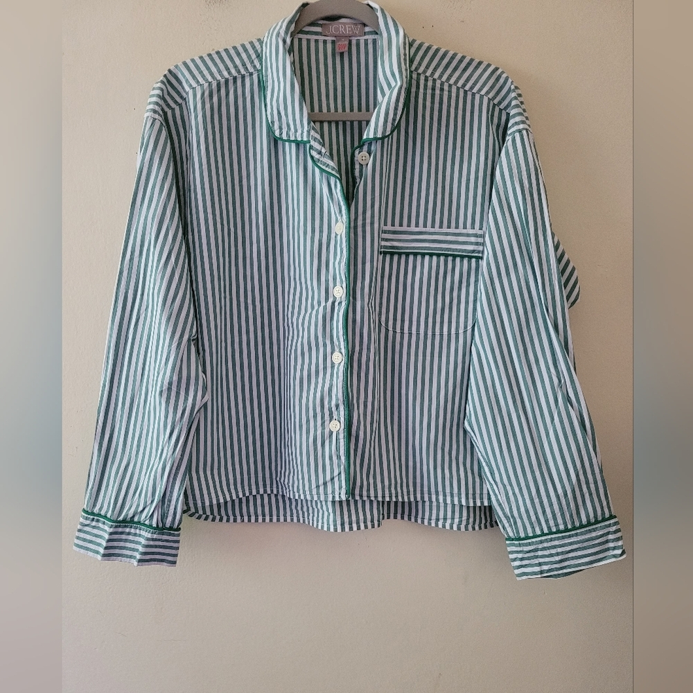 J. Crew Green Striped Preppy Nautical Button Up Boxy Crop Pajama Top Medium